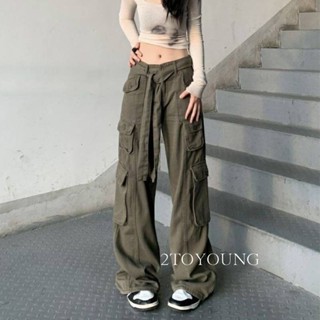 2TOYOUNG กางเกงขายาว คาร์โก้ กางเกง เชือกอเมริกันคลาสิค Cargo pants 2023 NEW 072539