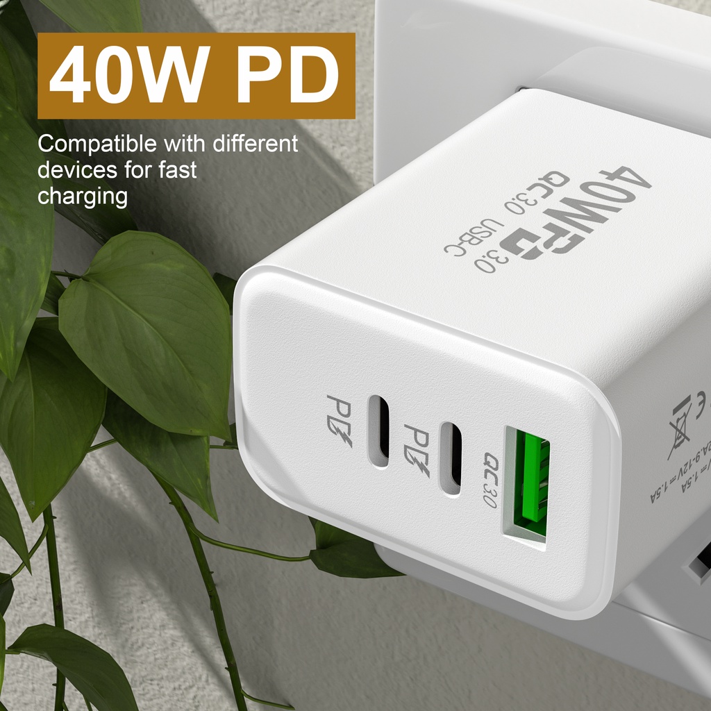 อะแดปเตอร์ชาร์จโทรศัพท์มือถือ 40W USB QC 3.0 3 พอร์ต Type C สําหรับ Xiaomi