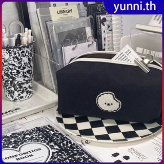 กล่องดินสอความจุขนาดใหญ่พร้อมผ้าใบสีดำรูปแบบสุนัขน่ารักแต่งหน้า Essentials ปากกาดินสอกระเป๋าเก็บกุญแจ Yunni