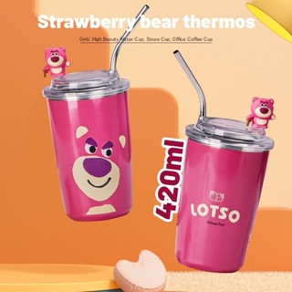 Kawaii กระติกน้ําร้อนสเตนเลส ลาย Disney Strawberry Bear Lotso พร้อมหลอดดูด 450 มล.