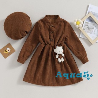 Aqq- ชุดเดรสแขนยาว ผ้าลูกฟูก ทรงเอ พร้อมจี้หมี และหมวกเบเร่ต์ แฟชั่นฤดูใบไม้ร่วง สําหรับเด็กผู้หญิง