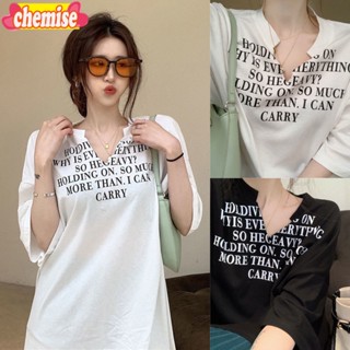 Chemisegrace✨พร้อมส่ง✨เสื้อโอเวอร์ไซส์เกาหลี เสื้อยืดแขนสั้น คอวี  สกรีนลายตัวอักษร 2435