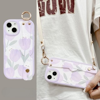 เคสโทรศัพท์มือถือ ลายดอกทิวลิปสีม่วง พร้อมสายคล้องมือ สําหรับ Samsung Galaxy S23 Plus S22 Ultra S21 FE