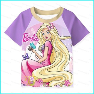 เสื้อยืด พิมพ์ลายการ์ตูนอนิเมะ Barbie Henley แฟชั่นฤดูร้อน สําหรับเด็กผู้หญิง