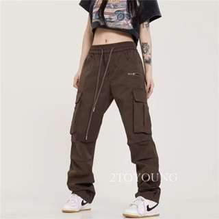 2TOYOUNG กางเกงขายาว คาร์โก้ กางเกง เชือกอเมริกันคลาสิค Cargo pants 2023 NEW AG080810