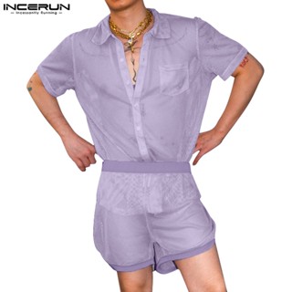 Incerun ชุดสองชิ้น แฟชั่นผู้ชาย แบบกลวง