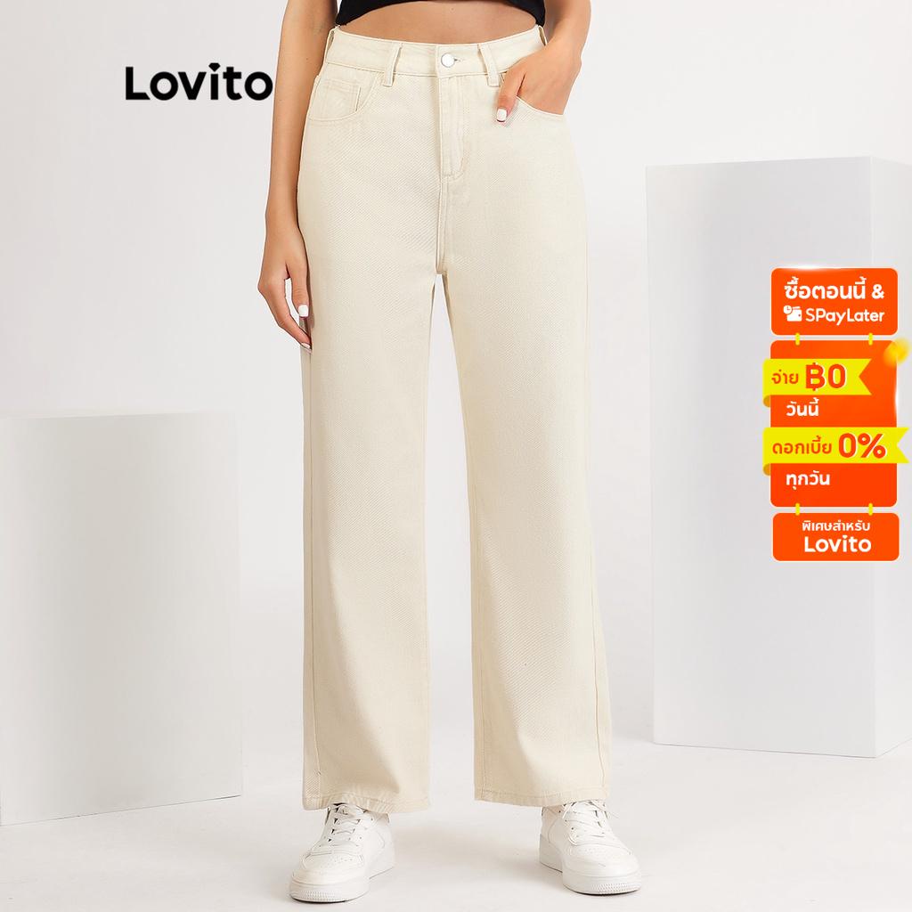 【เซเลปเลือก】Lovito กางเกงยีนส์ แต่งหมุด แบบเรียบ มีกระเป๋า สไตล์ลำลอง L20DD03 (สีออฟไวท์)