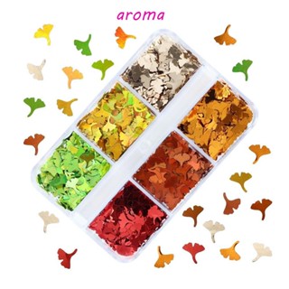 Aroma เลื่อมติดเล็บปลอม รูปใบแปะก๊วย ใบไม้ กลิตเตอร์ หลากสี อุปกรณ์เสริม สําหรับตกแต่งเล็บ DIY