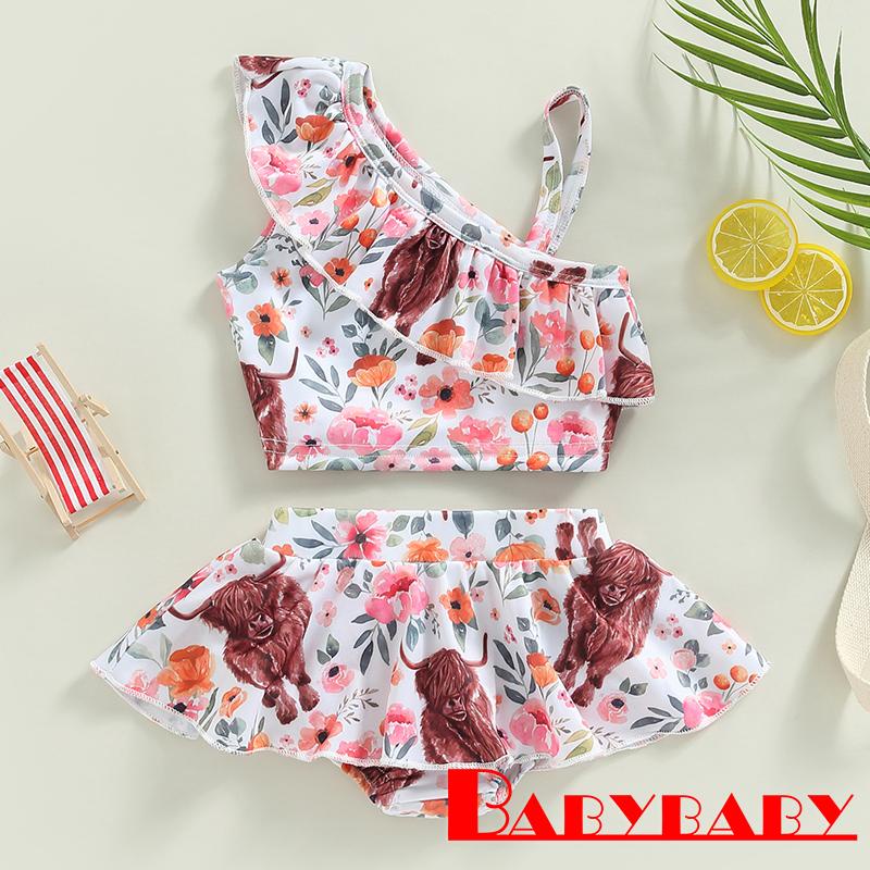 Babybaby-เด็กวัยหัดเดิน เด็กผู้หญิง ฤดูร้อน 2 ชิ้น ชุดว่ายน้ํา, เสื้อเปิดไหล่ข้างเดียว ลายดอกไม้ + กางเกงขาสั้น ตูตู