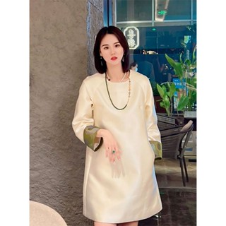 New Solid Color Satin Dress Vintage Embroidered Cuffs Loose Style Dress