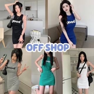 OFF SHOP พร้อมส่ง (OFF-83172)  ชุดเดรสไหมพรมแขนกุด ดีเทลสกีนตัวอักษรgood คิ้วมาก