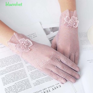 Bluevelvet ถุงมือกันแดด ผ้าเรยอน แบบเต็มนิ้ว แต่งลูกไม้ แฟชั่นฤดูร้อน สําหรับผู้หญิง