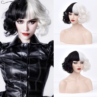 Cruella De Vil วิกผมคอสเพลย์ วิกผมสังเคราะห์ วิกผมสั้น แบบครึ่ง สีขาว สีดํา สําหรับผู้หญิง ทนความร้อน ธรรมชาติ