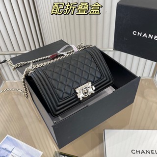 Chanelss (พร้อมกล่อง) กระเป๋าสะพายไหล่ คาเวียร์ สายโซ่ สีเงิน สไตล์คลาสสิก แฟชั่นสําหรับผู้หญิง