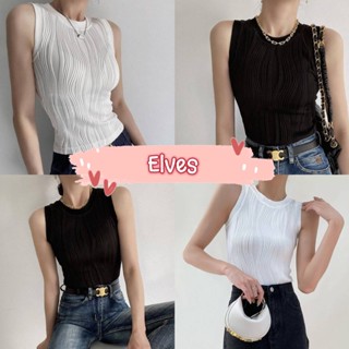 Elves✨พร้อมส่ง✨ เสื้อกล้ามไหมพรม สีพื้นขาวดำ ใส่ง่ายสบายลายริ้วๆ ~85152~