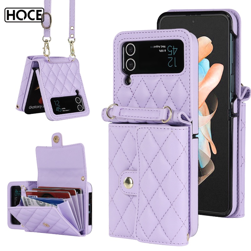 HOCE ZFlip7 Luxury Rhombic lattice Organ เคสหนังใส่บัตร พร้อมสายคล้องคอ กันกระแทก สําหรับ Samsung Galaxy Z Flip 4/6/5G/3