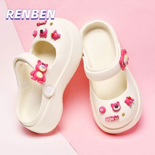 RENBEN หลุมรองเท้าผู้หญิง รองเท้าแตะหนากลางแจ้งเพื่อเพิ่มความสูง น่ารักสตรอเบอร์รี่หมีนุ่มรองเท้าแตะหญิง