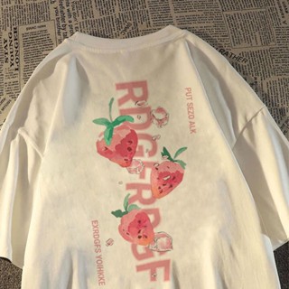 【💘💘】Korean loose cotton short-sleeved T-shirt strawberry printed retro oversize top for women