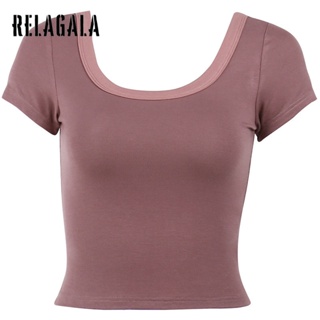 Relagala ใหม่ เสื้อยืดลําลอง แขนสั้น คอยู เข้ารูป สีพื้น เซ็กซี่ แฟชั่นสําหรับสตรี 2023