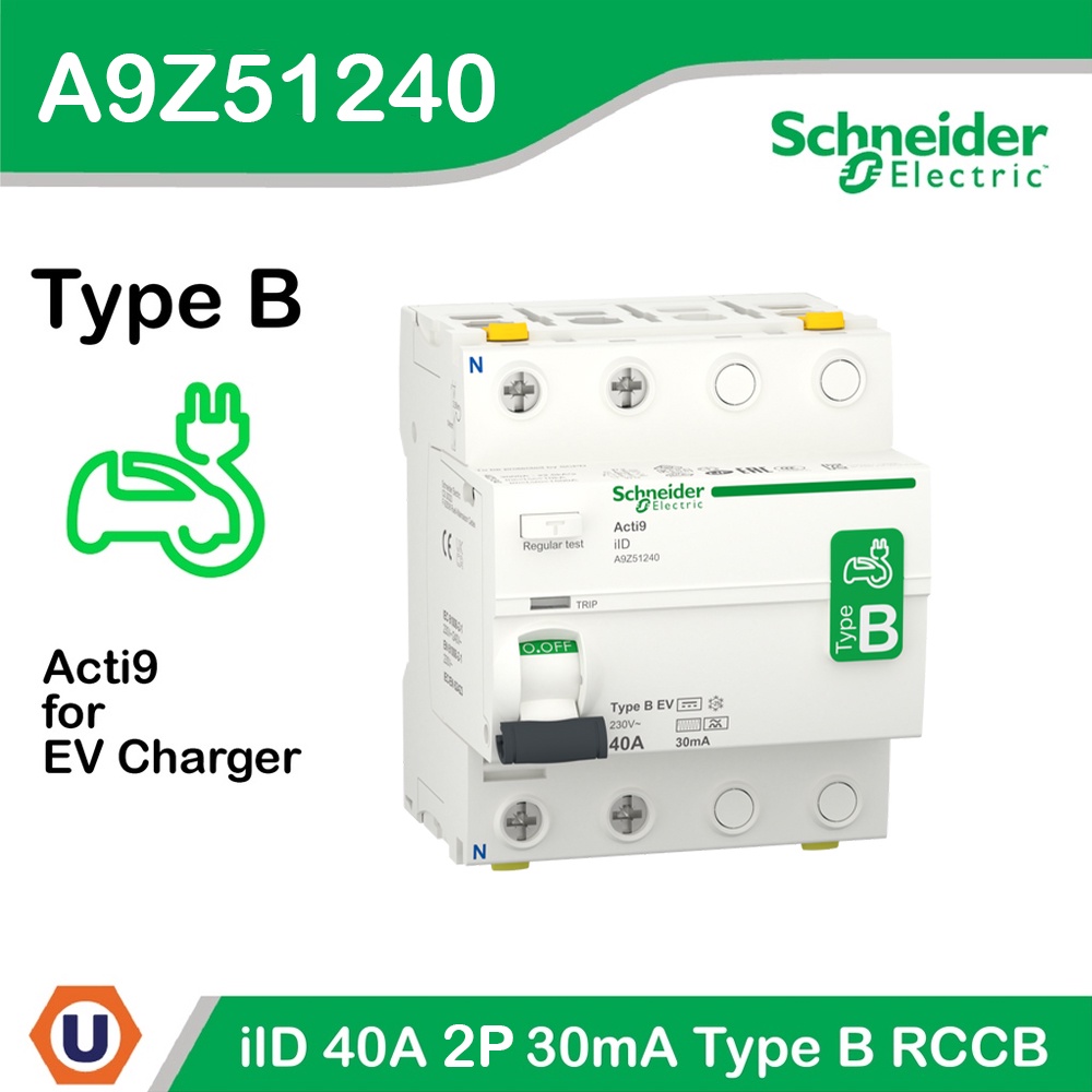 Schneider Electric A9Z51240 EV Charger 2โพล 40 แอมป์ Residual Current Circuit Breaker,Acti9 ilD 2P 4