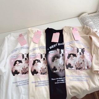 S158 เสื้อยืด oversize ผ้าคอตตอน สไตล์มินิมอล สกรีน แมว หมา best friend cute cat