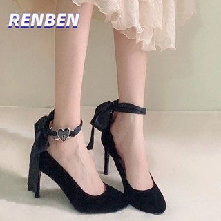 RENBEN Cross-strap high-heeled stiletto โบว์ริบบิ้นปลายแหลมใหม่รองเท้าเดี่ยวคุณภาพสูงพิเศษ