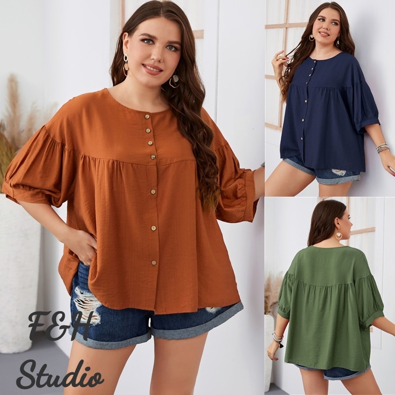 F&H 3058-3 สี XL-3XL ผู้หญิงฤดูร้อน Plus ขนาดหลวมปุ่มเสื้อแขนสั้น