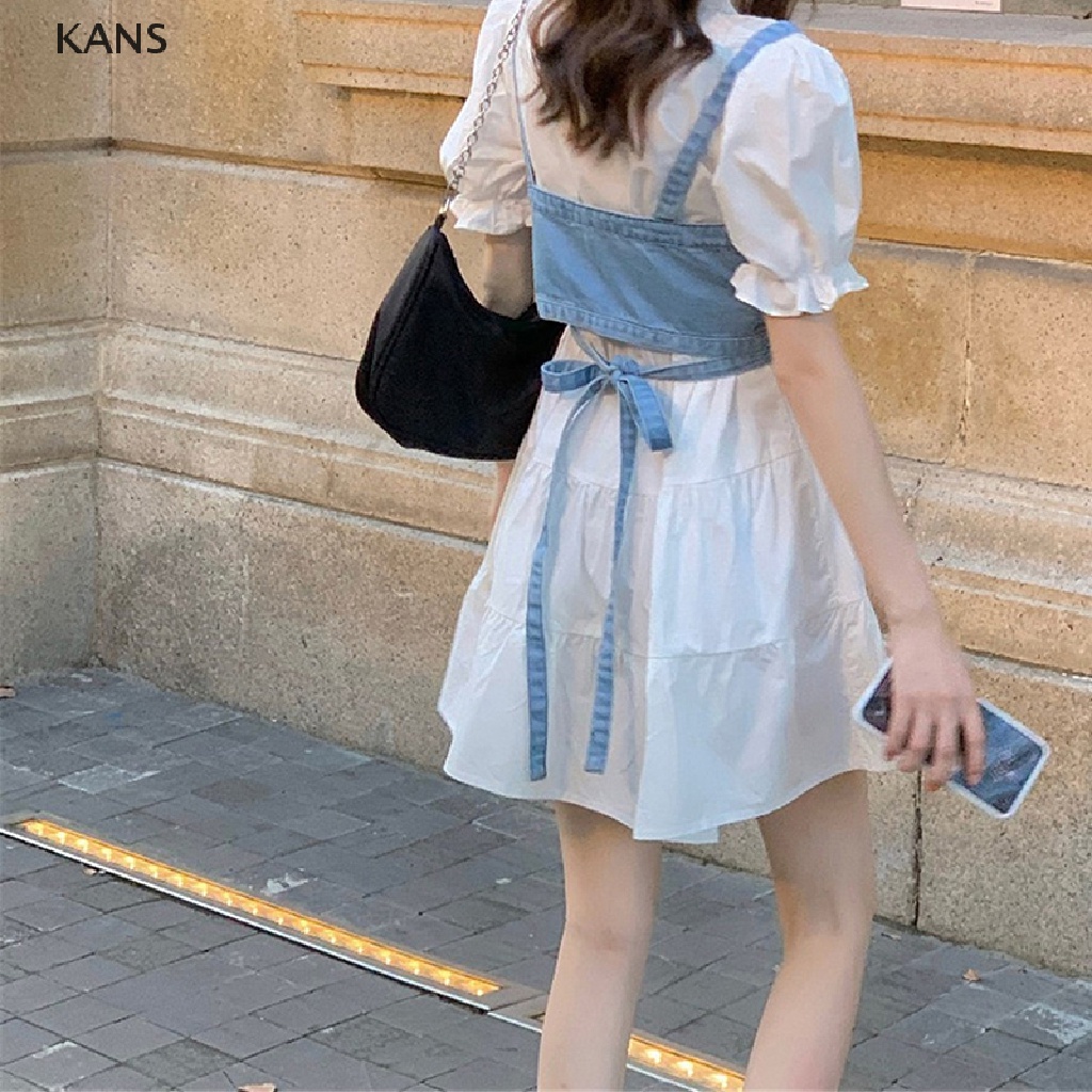 Kans ชุดมินิเดรสยีน แขนพัฟ ทรงเอ เอวสูง แฟชั่นฤดูร้อน สําหรับผู้หญิง