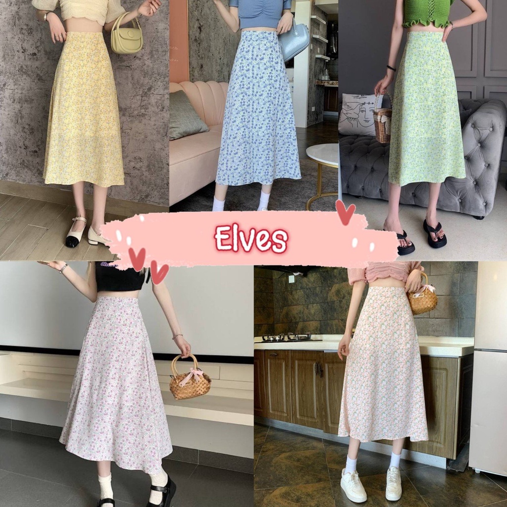 Elves พร้อมส่ง กระโปรงแบบยาว ผ้าชีฟอง ลายดอกไม้ กระโปรงยาวเอวสม๊อค ลายดอกไม้น่ารักมาก ~D25~ -NZ