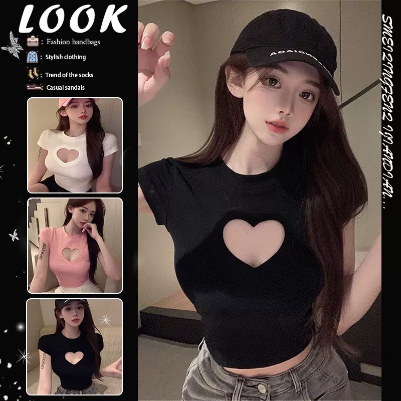 (ฟรีของขวัญ) เสื้อยืดแขนสั้น ฉลุลายหัวใจ เหมาะกับฤดูร้อน สําหรับผู้หญิง