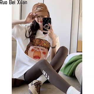 RUO BEI XUAN ใหม่ของผู้หญิงแขนสั้นพิมพ์เสื้อยืดผ้าฝ้ายแท้หลวมสบาย ๆ ด้านบน