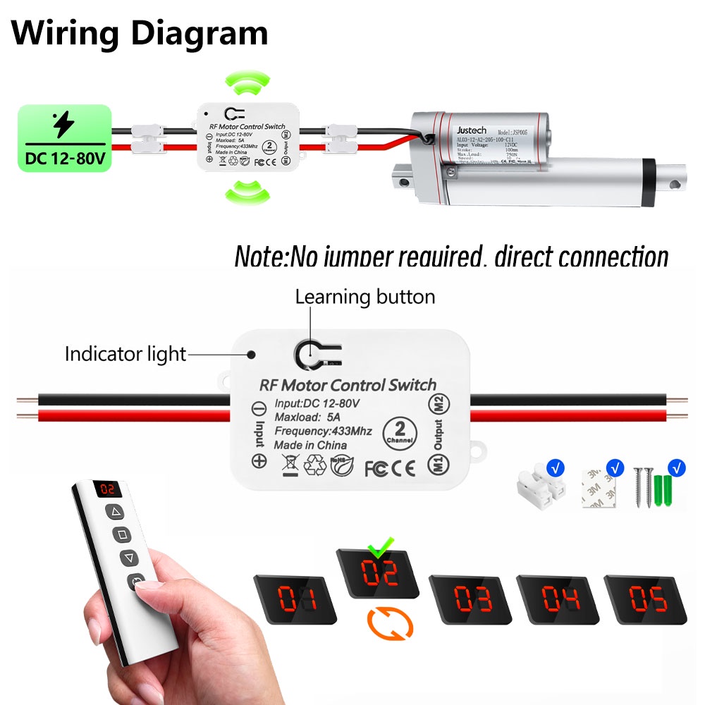 5 IN 1 สวิตช์มอเตอร์รีโมตคอนโทรลไร้สาย DC 433mhz Rf 12V 24V สําหรับประตูโรงรถ ผ้าม่าน - รูปที่ 5