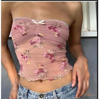 Hibiscus- เสื้อครอปท็อป แขนกุด ผ้าลูกไม้ Y2k สําหรับผู้หญิง