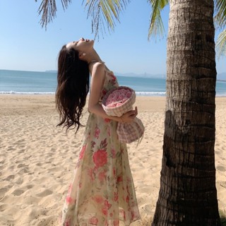 T Thailand กระโปรงยาว ลายดอกไม้ ประดับโบว์ ขนาดใหญ่ สไตล์เรโทร สําหรับผู้หญิง