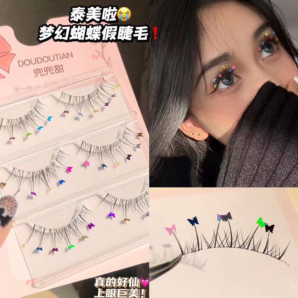 Doudoutian Sequined Laser ผีเสื้อขนาดเล็ก Love Pearl ขนตาปลอมชิ้นเดียวก้านโปร่งใส