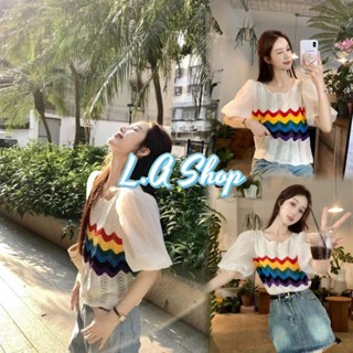 L.A Shop พร้อมส่ง เสื้อถักไหมพรม คอหยัก แขนสั้นชีฟอง ลายทางสีรุ้ง "C632-1" -C