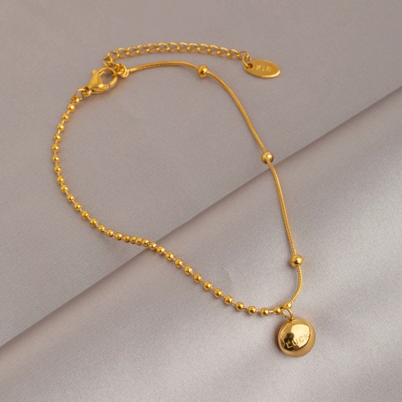 สร้อยข้อเท้า ไทเทเนียม ประดับลูกปัดทอง 18K ป้องกันสนิม นําโชค ขนาดเล็ก เครื่องประดับ สําหรับผู้หญิง