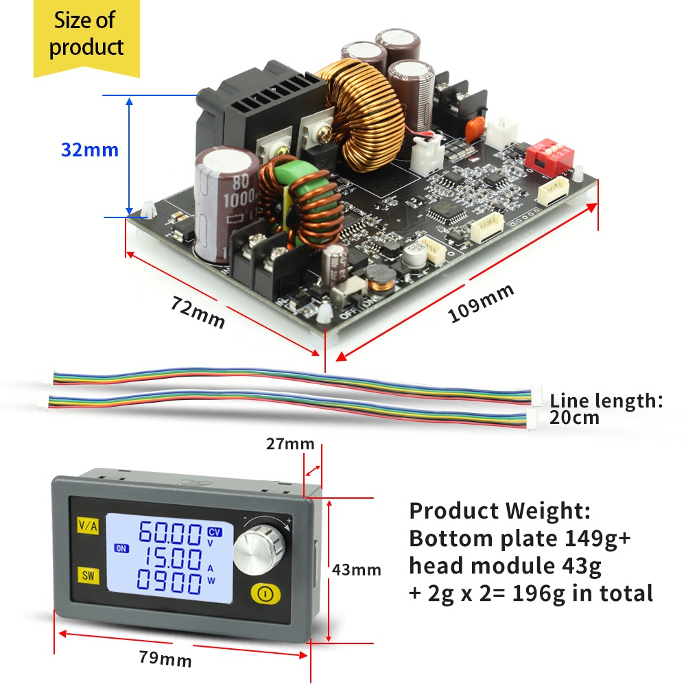 โมดูลควบคุมแรงดันไฟฟ้า DC 6V-70V เป็น 0-60V 15A 20A 900W 1200W CNC ปรับได้ CV CC XY6015L XY6020L