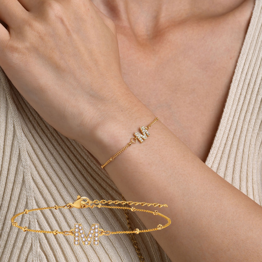 Vnox สร้อยข้อมือทอง 18K จี้ตัวอักษร ประดับเพทาย เครื่องประดับ สําหรับผู้หญิง