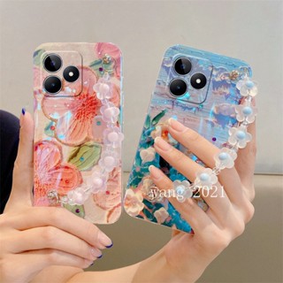 ใหม่ เคสโทรศัพท์มือถือนิ่ม ลายภาพวาดสีน้ํามัน รูปดอกไม้ ประดับพลอยเทียม สไตล์วินเทจ พร้อมสร้อยข้อมือ สําหรับ Realme C53 C55 NFC 2023 RealmeC53