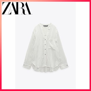 Zara ใหม่ เสื้อเชิ้ตแขนยาว ผ่าข้าง คอวี ลายทาง สําหรับผู้หญิง