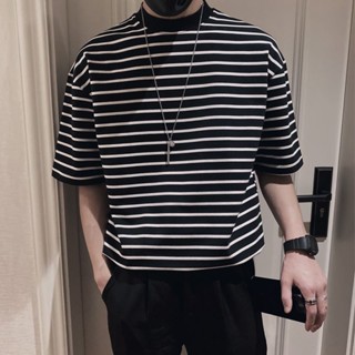 เสื้อยืด คอเต่า ลายทาง ทรงหลวม สไตล์เกาหลี แฟชั่นฤดูร้อน สําหรับผู้ชาย