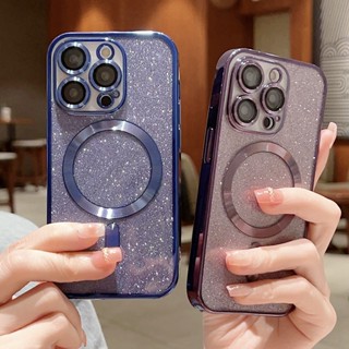 เคสโทรศัพท์มือถือ แบบแม่เหล็ก ป้องกันกล้อง ประดับกลิตเตอร์ หรูหรา สําหรับ iPhone 14 Pro Max 13 12 11 14Plus