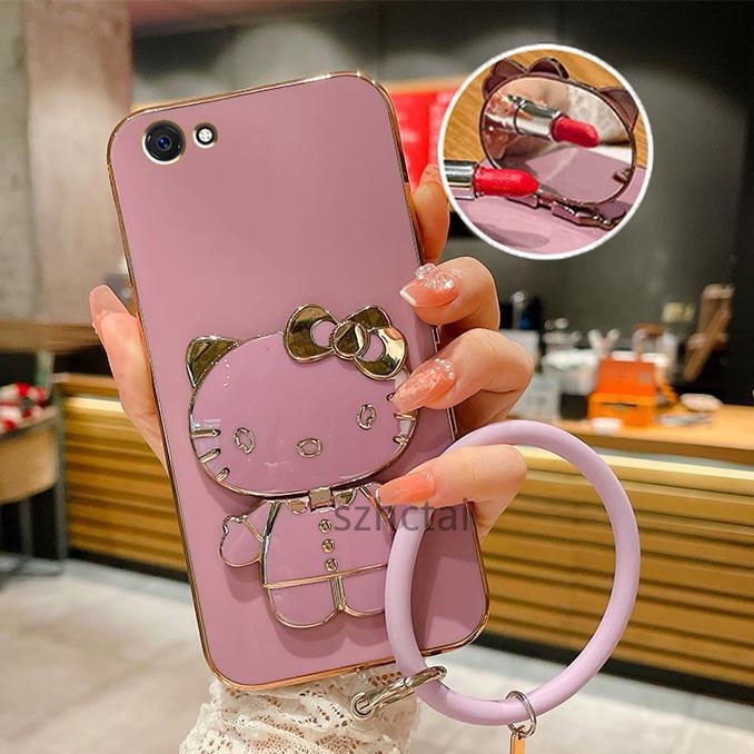 เคส OPPO F1S oppo a83 oppo A37 oppo A39 A57 ชุบไฟฟ้า Hello Kitty ขาตั้งกระจกเครื่องสําอาง เคสนิ่ม พร้อมสายคล้อง