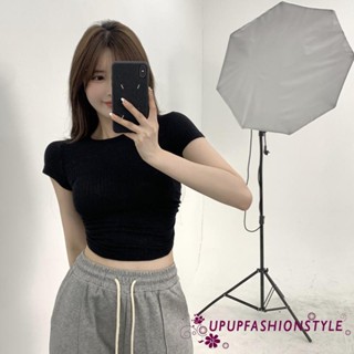 Up[]-เสื้อครอปท็อปแขนสั้น เปิดหลัง สีพื้น แฟชั่นฤดูร้อน สําหรับผู้หญิง