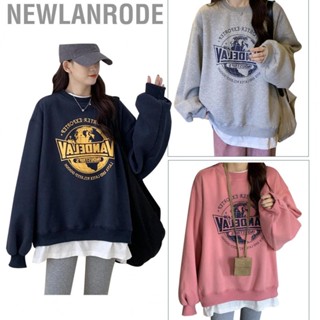 Newlanrode Women Fashionable Sweatshirts Loose Letter Print Long Sleeve Fake Two Pieces