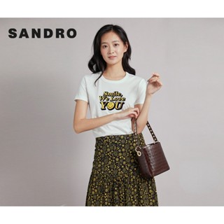 Sandro outlet เสื้อยืดแขนสั้น ผ้าฝ้าย พิมพ์ลายหน้ายิ้ม สําหรับผู้หญิง SFPTS00778