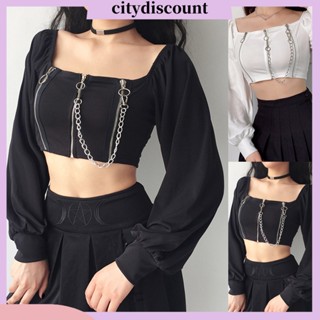 &lt;citydiscount&gt; เสื้อครอปท็อปแขนยาว คอสี่เหลี่ยม แต่งซิป สไตล์เรโทร สําหรับผู้หญิง