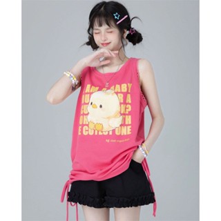 [Dopamine Wear] 100% Cotton American Retro Cartoon Printed Sleeveless Vest Summer Students Wear Mid-length Loose Tops