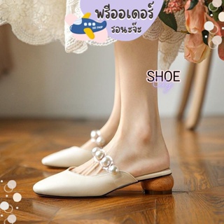 TM42 ส้นสูง 1.5 นิ้ว size 35-40 ส้นกลม ส้นไม้ ส้นมาการอง คาดสายแต่งมุก สวยมากๆ รองเท้าผู้หญิง พรีออเดอร์